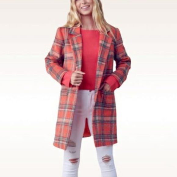 EN MERCI orange plaid single breasted shacket coat S - Picture 2 of 12